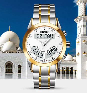 SKMEI Q036 Top Brand Muslim Men Watches Qibla Compass Adhan Alarm Hijri Calendar Islamic Al Harameen Fajr Time Wristwatch Leather Straps - SB