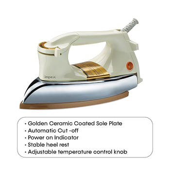 Impex IB 201 1200W Heavy Duty Dry Iron Box With Golden Ceramic Coated Sole Plate