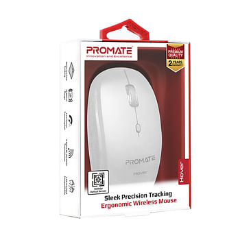 Promate Wireless Mouse, Portable 2.4Ghz Ergonomic Precision Tracking Optical Mouse with USB Nano Receiver, 3 Adjustable Dpi Levels and Low Power Consumption for Laptops, iMac, PC, Desktop, Hover White