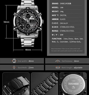 SKMEI 1389 Digital Watch Men Quartz Sport Watch Luxury Business Stainless Steel Strap Analog & Digital Men Watches - Black