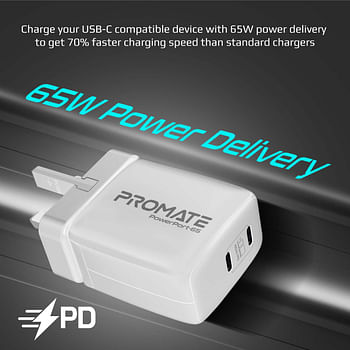 Promate 65W USB-C Power Delivery GaN Charger, Universal Powerful GaN Tech Fast Charger with 2 Type-C Port, Adaptive Charging and Over-Charging Protection for USB-C Powered Devices,