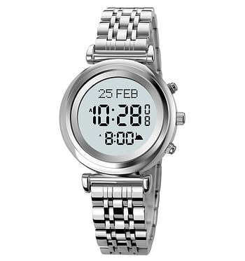 SKMEI 1892 Stainless Steel Back Digital Muslim Alfajr Azan Prayer Wrist Watch Qibla Direction For Women & Men - Silver