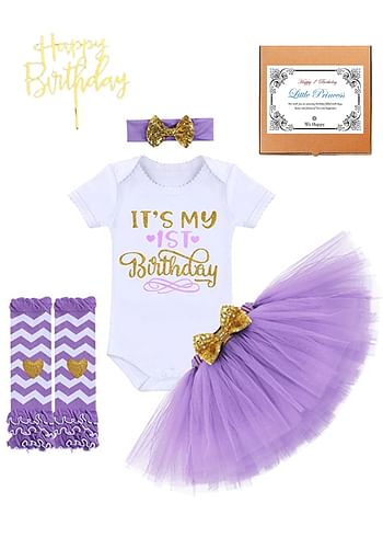 It’s My 1st Birthday Outfit Baby Girl Party Fancy Dress | Photography Costume with Cake Topper | 5 Pcs Set - Purple