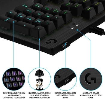 لوحة مفاتيح ميكانيكية للالعاب Logitech G512 مفاتيح بإضاءة خلفية RGB، مفاتيح لمفتاح رومر G تعمل باللمس، جراب من الألومنيوم المصقول، مفاتيح F-قابلة للتخصيص، مرر USB, اسود