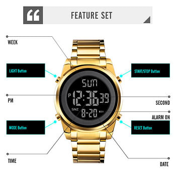 SKMEI 1611 Men Digital Watch Fashion Sports Stainless Steel Waterproof Wristwatches For Men - Rose Gold