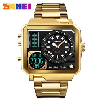 Skmei 1392 Mens Watches Waterproof Fashion Casual Clock Male Digital Quartz Watch Men Stainless Steel Strap Luxury Watch - Gold