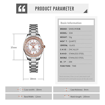 Skmei 1534 Fashion Inlay Case 3Bar Waterproof Stainless Steel Strap Women Quartz Watch Innovative Design Rhinestone RG