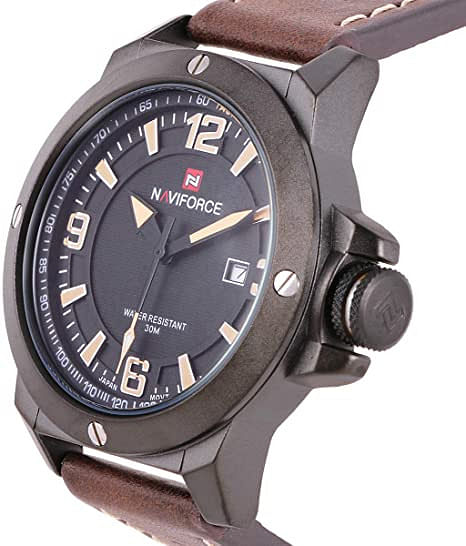 Naviforce Men's Black Dial Leather Band Watch - NF9077