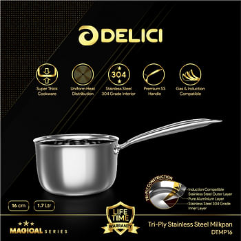 DELICI DTMP 16 Tri-Ply Stainless Steel Milk Pan with Premium SS Handle