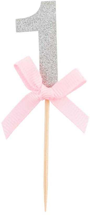 Top Cake Pink Paper One Cake Topper - Silver Glitter, Pink Bow - 3 1/2