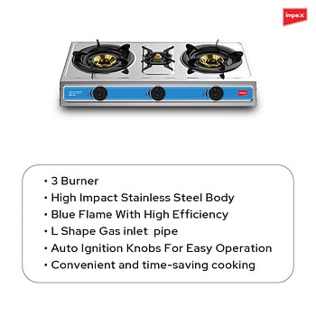 Impex IGS 125 3 Burner Stainless Steel Gas Stove With Auto Ignition