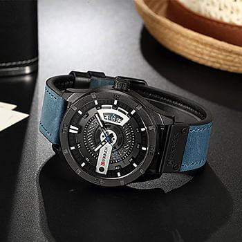 Quartz Watch For Men, Waterproof Analog Watches, Business Leather Strap Men's Wristwatch with Date 8301（black-blue）