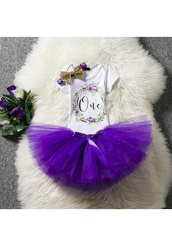 One Birthday Outfit Baby Girl Party Fancy Dress | Photography Costume | 3 Pcs Set - Purple