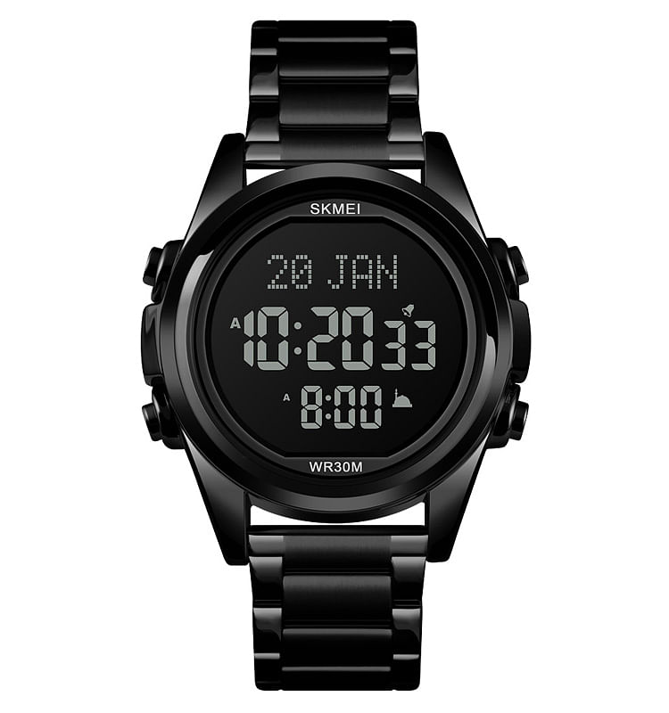 Skmei  Muslim Digital Watch for Prayer Qibla Compass Hijri Calendar Quran Bookmark City Selection Function Date Week Alarm Backlight 3ATM Waterproof Men Azan Watches Islamic Wristband Men's Full  Black