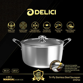 DELICI DTSP 24 Tri-Ply Stainless Steel Saucepan with Premium SS Handle