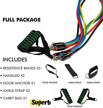 Resistance Band Set 11 Pieces, Workout Exercise Band With Multifunction Handles Door Anchor Ankle Straps Carry Bag For Home Gym Equipment, 1.2 meters - 48 inches - Multicolor