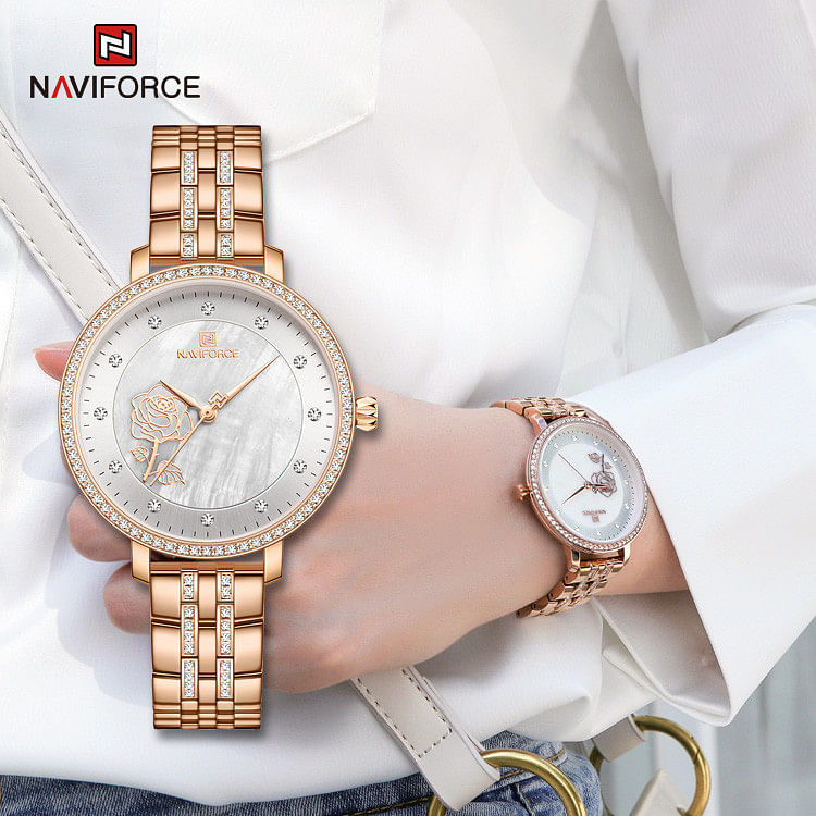 NAVIFORCE NF5017 Casual Diamond Surrounded Stainless Steel Rose Relief Watch For Women - RG/W