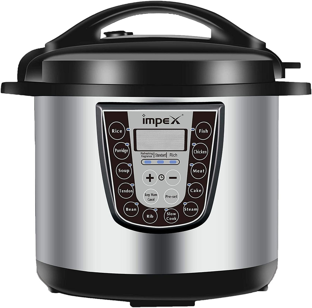 Impex 1300W 8L Electric Pressure Cooker with 8 Cooking Functions Aluminium Inner Pot Black Plastic Handle Double Non-Stick Coating