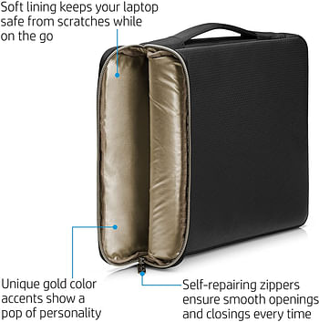 HP 3XD33AA Durable Protection- Lightweight 14" Carry Sleeve, Notebook Case Black, Gold