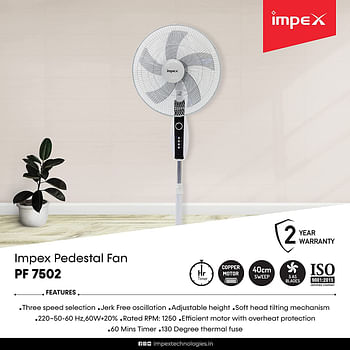 Impex  60W 1350RPM 3 Blade High Speed Pedestal Fan with 5 AS Blade 3 Speed Selection Adjustable Height,Black