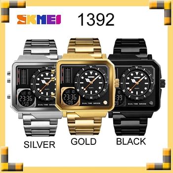 Skmei 1392 Mens Watches Waterproof Fashion Casual Clock Male Digital Quartz Watch Men Stainless Steel Strap Luxury Watch - Black