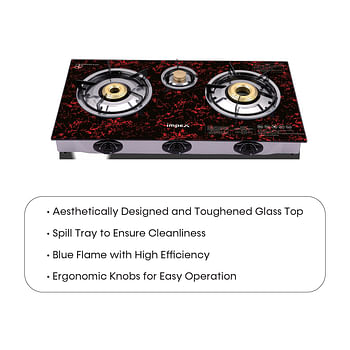 Impex IGS 1213F 3 Burners Glass Top Gas Stove with  Toughened Glass Top