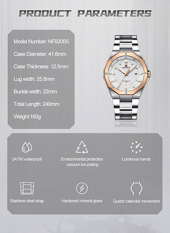 Naviforce NF9200 Men's Top Brand Luxury Sport Military Multi-Function Waterproof Quartz Stainless Steel Wrist Watch - S/RG