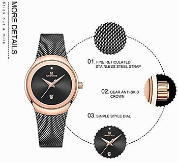 NAVIFORCE Watches Women Super Slim Sliver Mesh Stainless Steel Top Brand Luxury Casual Ladies Wrist Watch Lady Relogio Feminino (black)