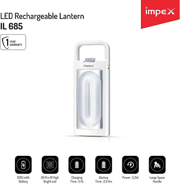 Impex  1200 mAh 5.2W Rechargeable LED Emergency Light with Emergency Function/High Bright LED/Space Handle, White