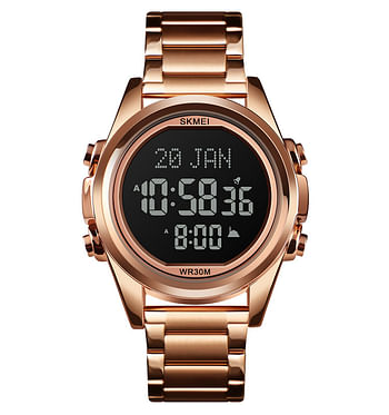 Skmei Muslim Digital Watch for Prayer Qibla Compass Hijri Calendar Quran Bookmark City Selection Function Date Week Alarm Backlight 3ATM Waterproof Men Azan Watches Islamic Wristband Men's Rose Gold