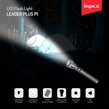 Impex  4000 mAh 10W CREE LED Rechargeable LED Flashlight with USB Power Output, Unbreakable Front Glass, 2200 Mtr, Black