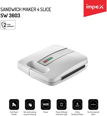 Impex  1400 Watt Portable Electric Sandwich Maker 4 Slice with Cool Touch Housing Non Stick Coating Plate, White