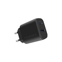 Promate USB-CAdapter, Universal 17W Multi-Port Wall Charger with 5V/3A Type-CPort, 5V/2.4A USB-A Port, Adaptive Charging and Over-Charging Protection for iPhone 13, Samsung Galaxy S22, iPad Air, BiPlug-2 EU Black