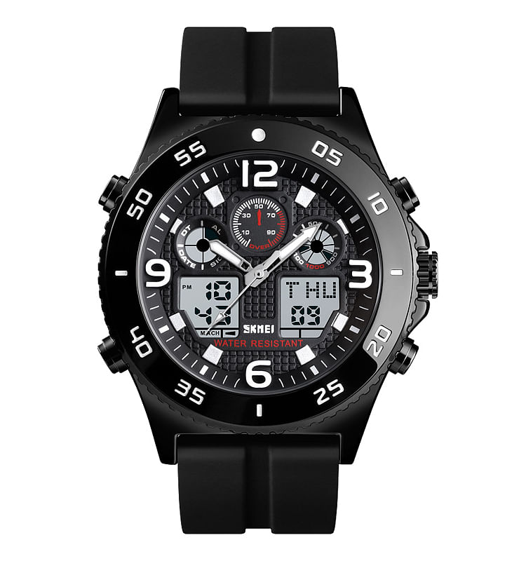 SKMEI 1538 Men Sport Watches Fashion Stopwatch Alarm Dual Display Waterproof Rubber Band For Man Black