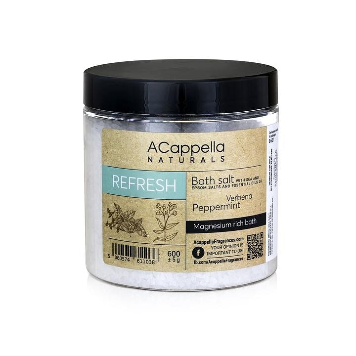 ACappella Naturals "Refresh" Premium Sea and Epsom Bath Salts with Verbena and Peppermint Essential Oils - Magnesium Rich Bath 600g