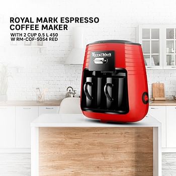 رويال مارك W RM-COF-5054 ماكينة صنع قهوة الاسبريسو مع 2 كوب 0.5 لتر 450 وات - أحمر