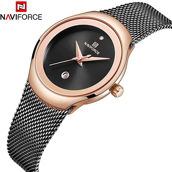 NAVIFORCE Watches Women Super Slim Sliver Mesh Stainless Steel Top Brand Luxury Casual Ladies Wrist Watch Lady Relogio Feminino (black)