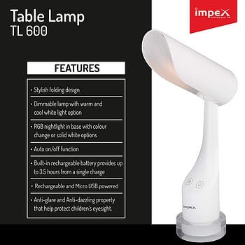 Impex  1500mAh LED Rechargeable Table Lamp with USB Cable iPhone Box