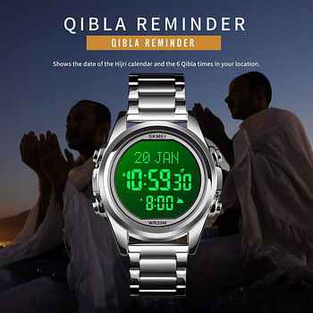 SKMEIMuslim Digital Watch for Prayer Qibla Compass Hijri Calendar Quran Bookmark City Selection Function Date Week Alarm Backlight 3ATM Waterproof Men Azan Watches Islamic Wristband Men's Gifts Black