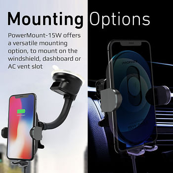 Promate 15W Wireless Car Charger Mount, Smart Qi Alignment Fast Charging Car Windshield/Dashboard/Air Vent Phone Holder with FOD Detection, Auto Smart Clamping for Qi-Enabled Devices, PowerMount-15W
