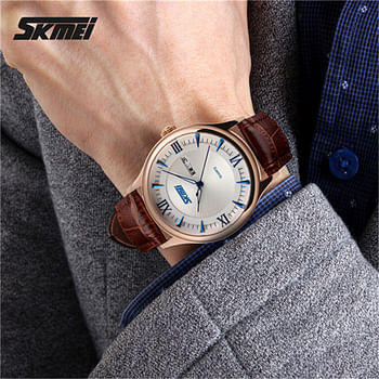 SKMEI 9091 White Dial Original Leather Straps Wrist Watch for Men - BR-RG