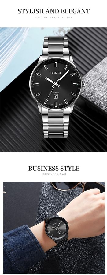 SKMEI 1878 Mens Watches Top Brand Luxury Stainless Steel Strap 3Bar Waterproof Date Time Watch Quartz Wristwatch - Silver