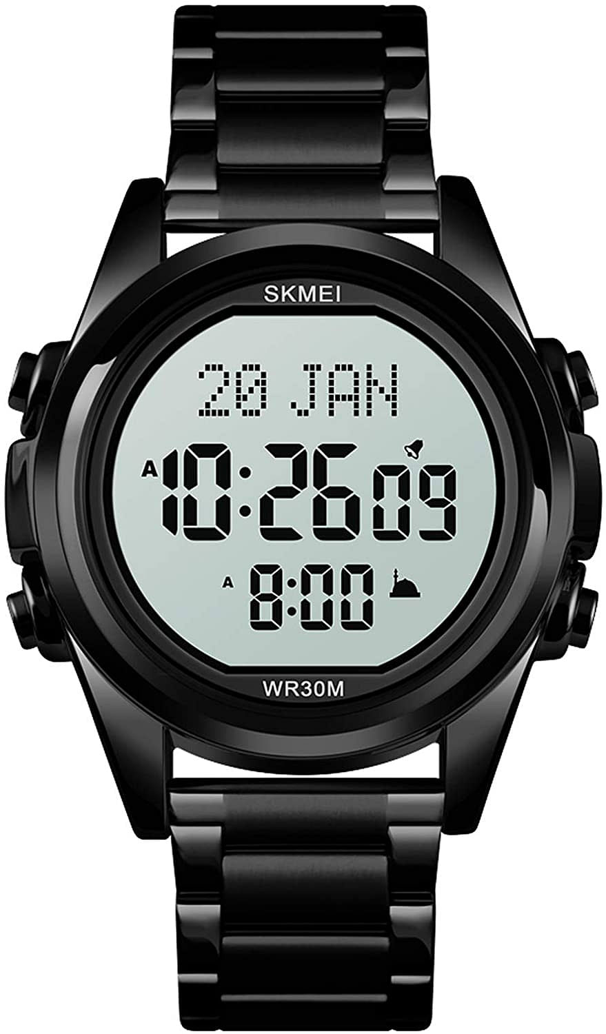 SKMEIMuslim Digital Watch for Prayer Qibla Compass Hijri Calendar Quran Bookmark City Selection Function Date Week Alarm Backlight 3ATM Waterproof Men Azan Watches Islamic Wristband Men's Gifts Black