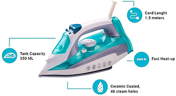 Impex  2000W Electric Steam Iron Box with 360 Degree plaint swivel cord Water Spray Ceramic Coated Sole Plate Over heat Protection with Temperature Settings, White & Blue