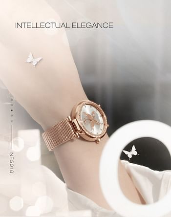 NAVIFORCE NF5018 Elegant Butterfly Pattern Diamond Stainless Steel Mesh Strap Quartz Watch For Women RG- W