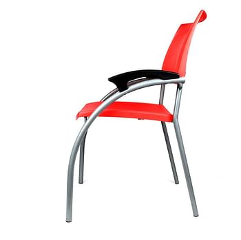 Plastic dining chair with metal frame and arm rest - red