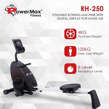 PowerMax Fitness Unisex Adult RH-250 Foldable Rowing Machine With Digital Display For Home Use - Silver/Black, Standard