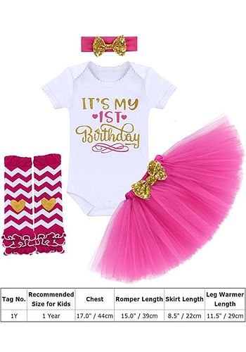 It’s My 1st Birthday Outfit Baby Girl Party Fancy Dress | Photography Costume with Cake Topper | 5 Pcs Set - Hot Pink