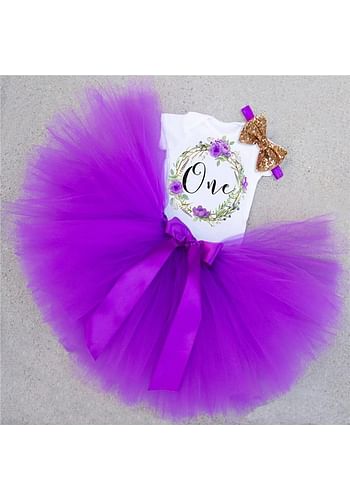 One Birthday Outfit Baby Girl Party Fancy Dress | Photography Costume | 3 Pcs Set - Purple