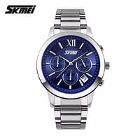 SKMEI 9097 Chronograph Stainless Steel Strap 30M Waterproof Wrist Watch for Men - Silver Blue